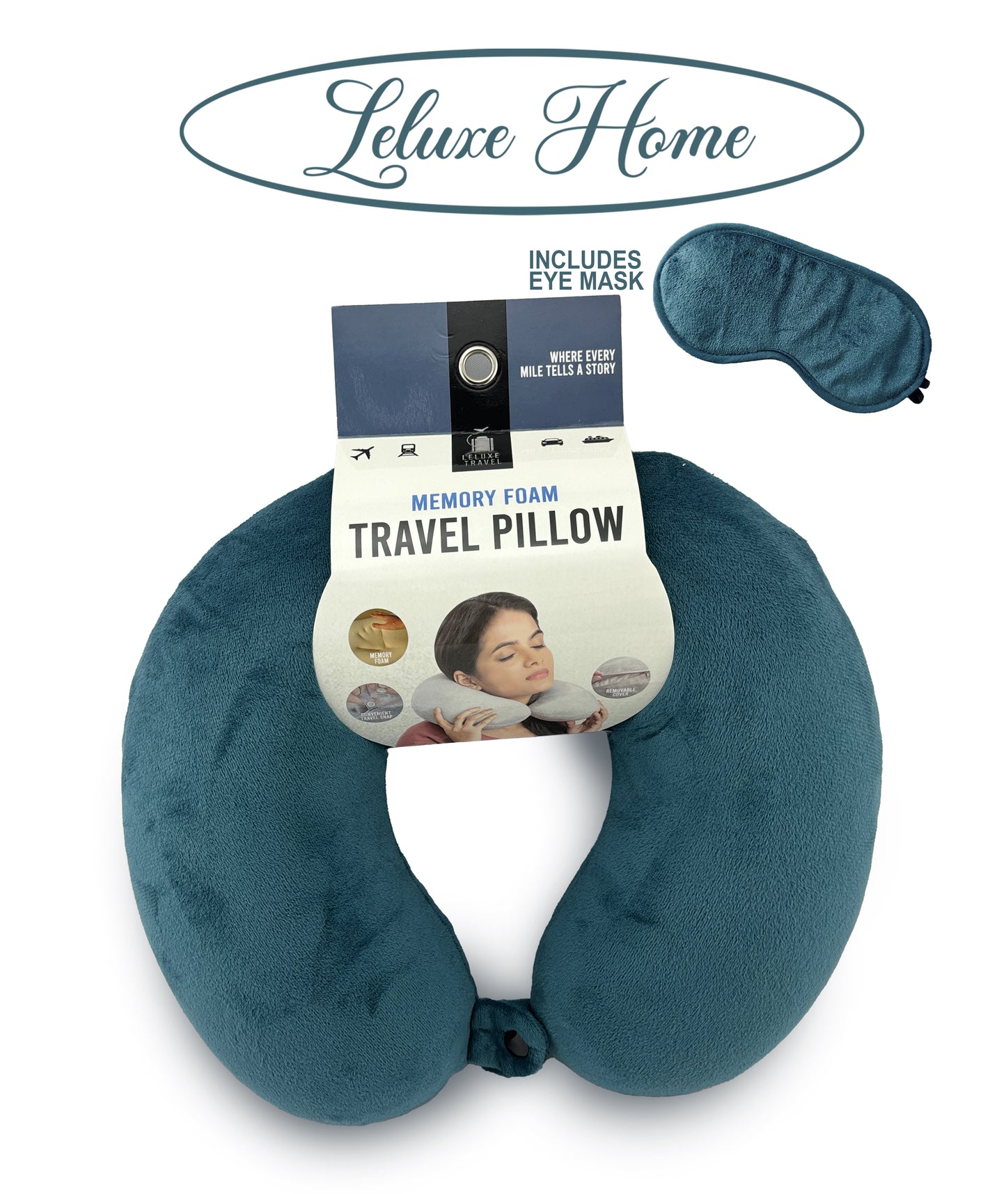 Leluxe Home Travel Neck Pillow and Eye Mask set - Memory Foam Travel Pillow 2 Piece set in velvet with eye mask
