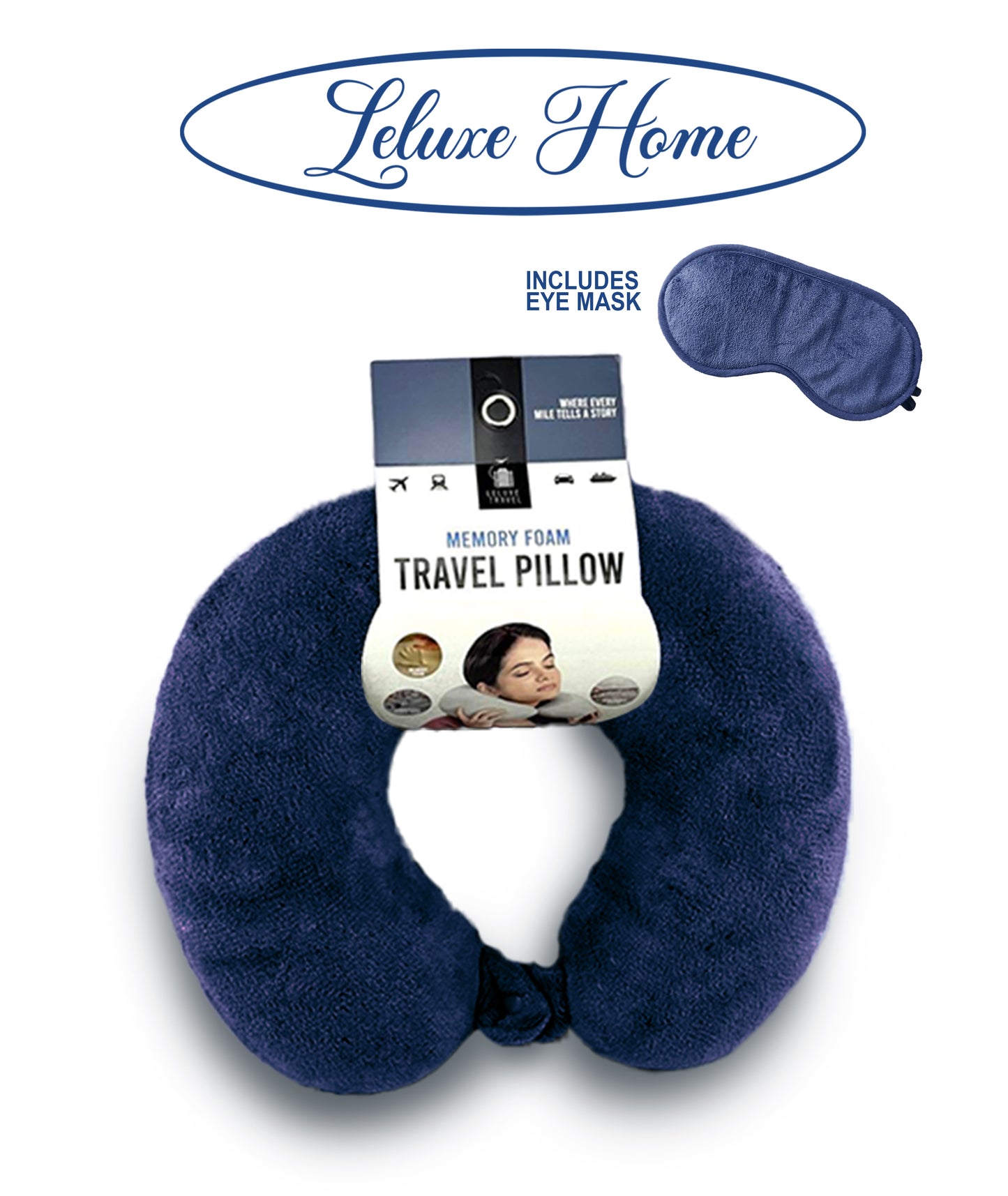 Leluxe Home Travel Neck Pillow and Eye Mask set - Memory Foam Travel Pillow 2 Piece set in velvet with eye mask