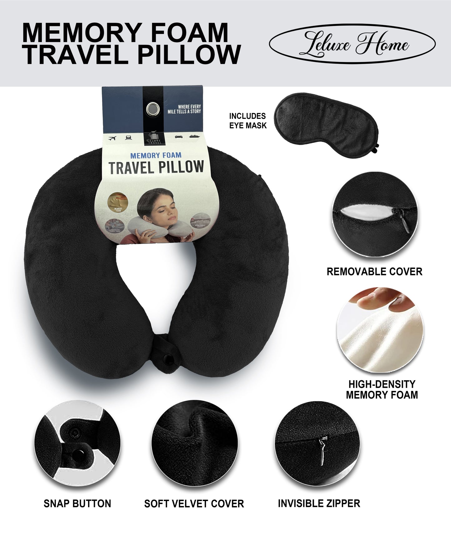 Leluxe Home Travel Neck Pillow and Eye Mask set - Memory Foam Travel Pillow 2 Piece set in velvet with eye mask