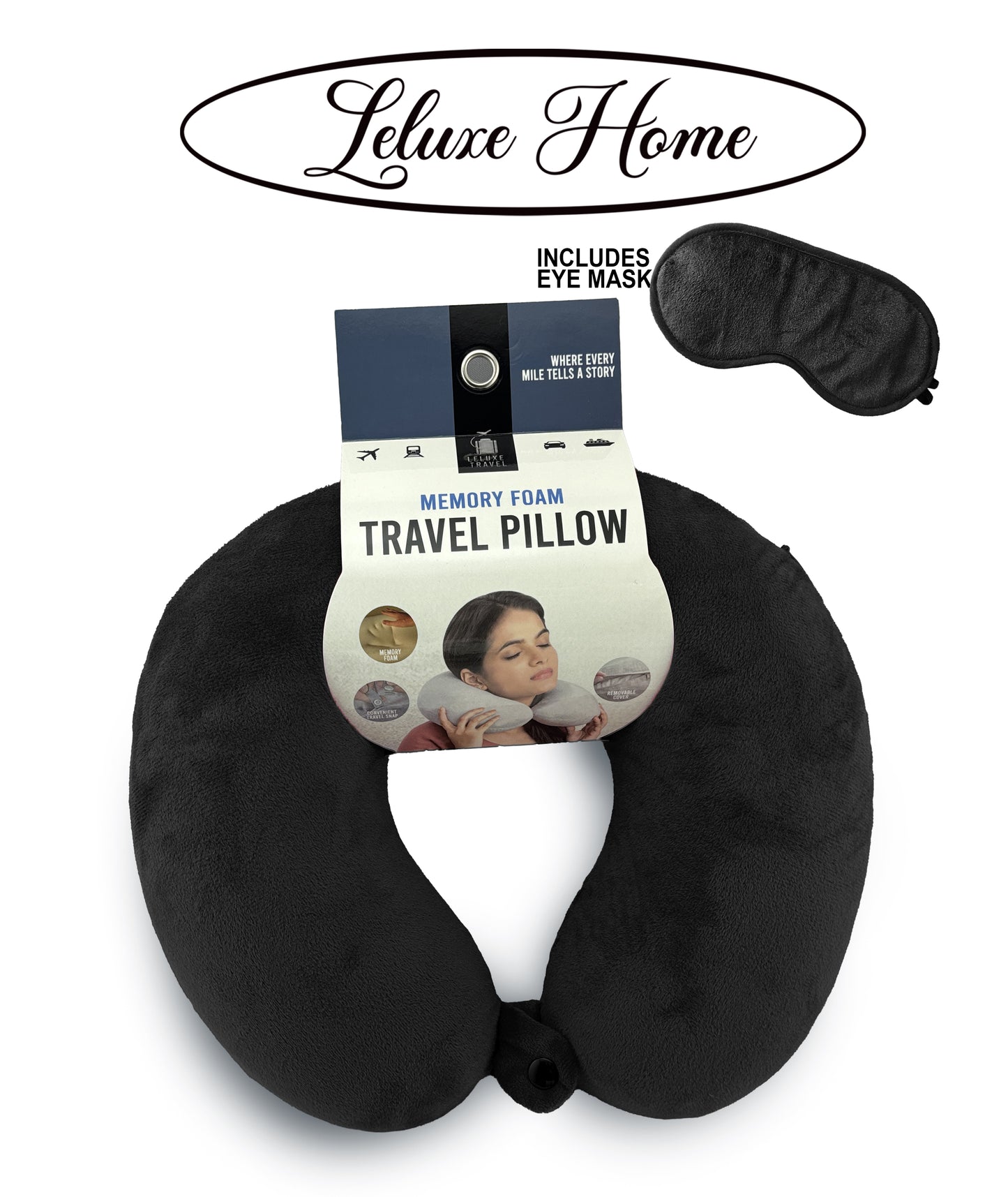 Leluxe Home Travel Neck Pillow and Eye Mask set - Memory Foam Travel Pillow 2 Piece set in velvet with eye mask