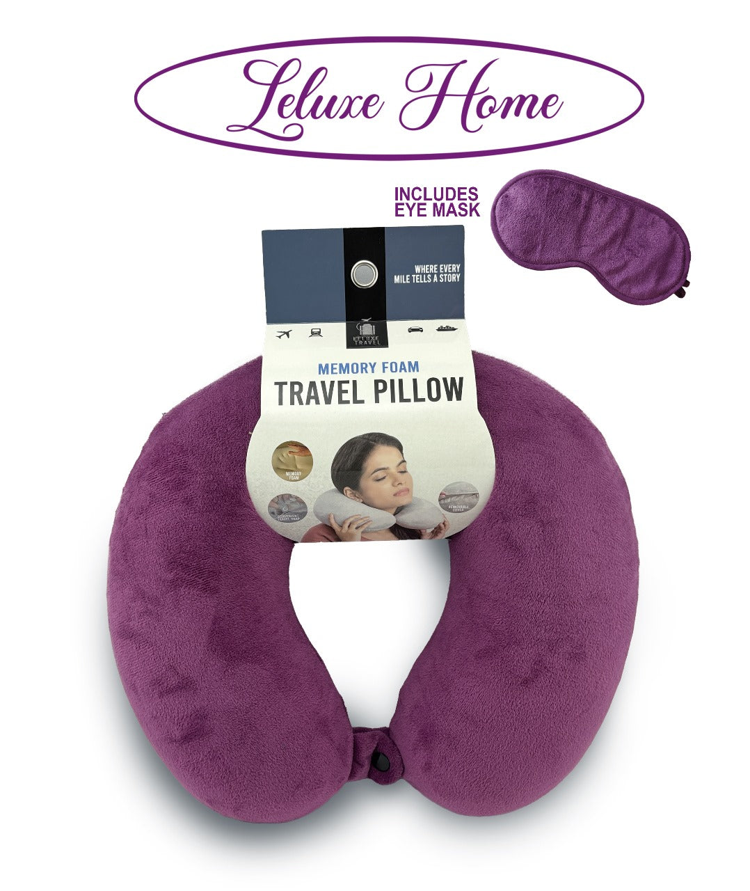 Leluxe Home Travel Neck Pillow and Eye Mask set - Memory Foam Travel Pillow 2 Piece set in velvet with eye mask