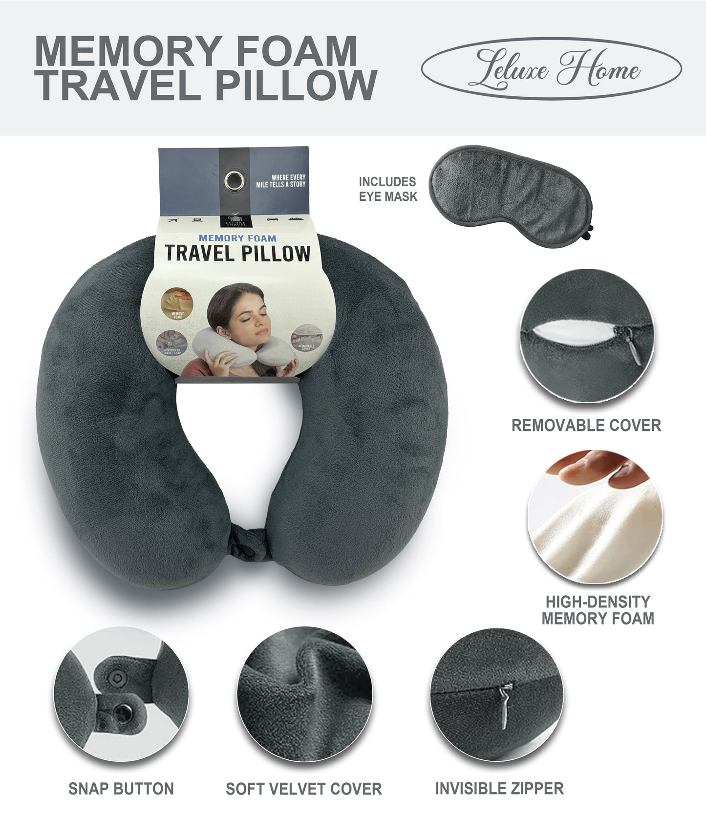 Leluxe Home Travel Neck Pillow and Eye Mask set - Memory Foam Travel Pillow 2 Piece set in velvet with eye mask