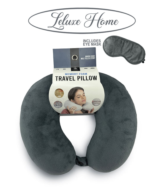 Leluxe Home Travel Neck Pillow and Eye Mask set - Memory Foam Travel Pillow 2 Piece set in velvet with eye mask