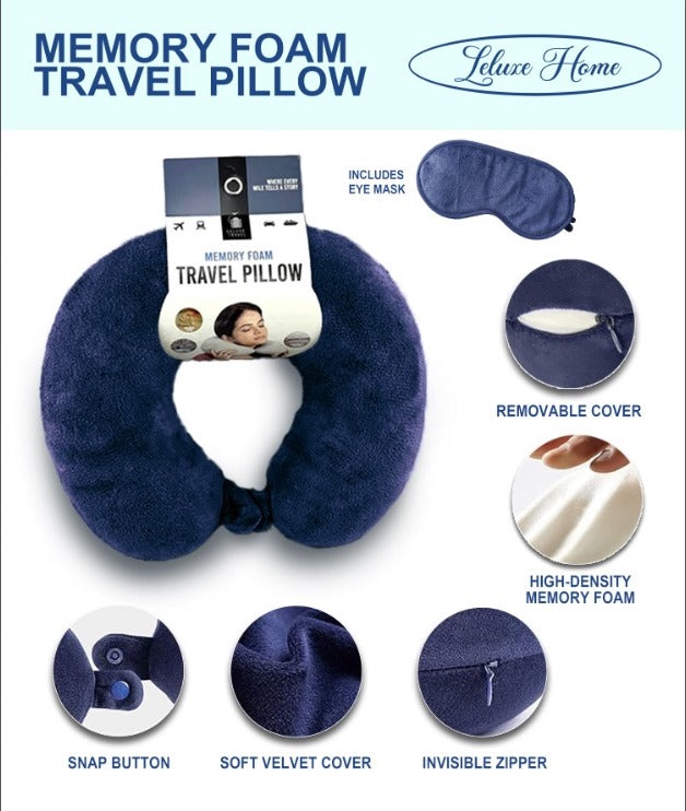 Leluxe Home Travel Neck Pillow and Eye Mask set - Memory Foam Travel Pillow 2 Piece set in velvet with eye mask