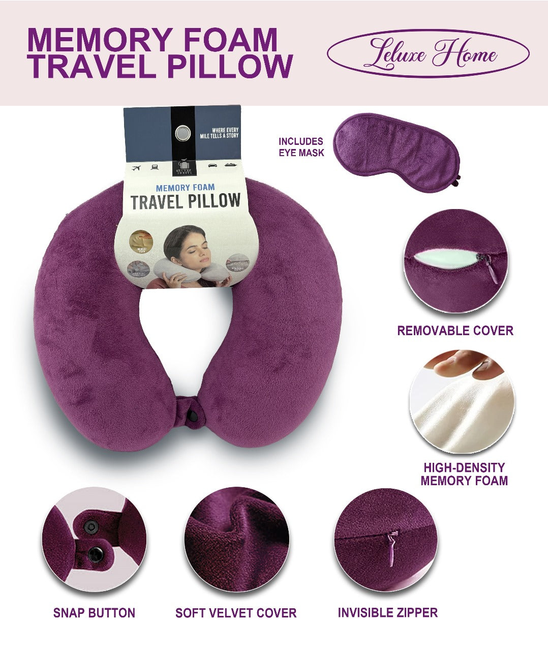 Kathy Ireland Travel Neck Pillow and Eye Mask set - Memory Foam Travel Pillow 2 Piece set in velvet with eye mask